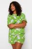 Women's Fashion New Plus Big Size Pajama Set Green Crew Neck Striped Knitted Pajama Set