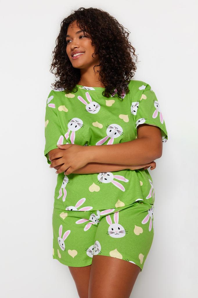 Women's Fashion New Plus Big Size Pajama Set Green Crew Neck Striped Knitted Pajama Set