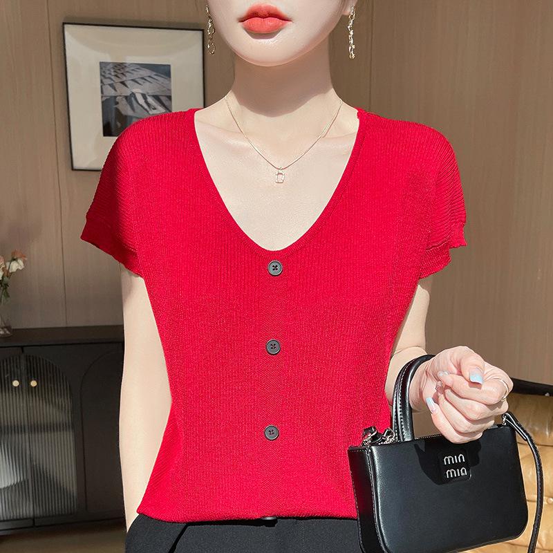 

Женская футболка большого размера с V-образным вырезом и коротким рукавом - Однотонная, в корейском стиле, повседневный весенне-летний топ для мам XL вишня/красный