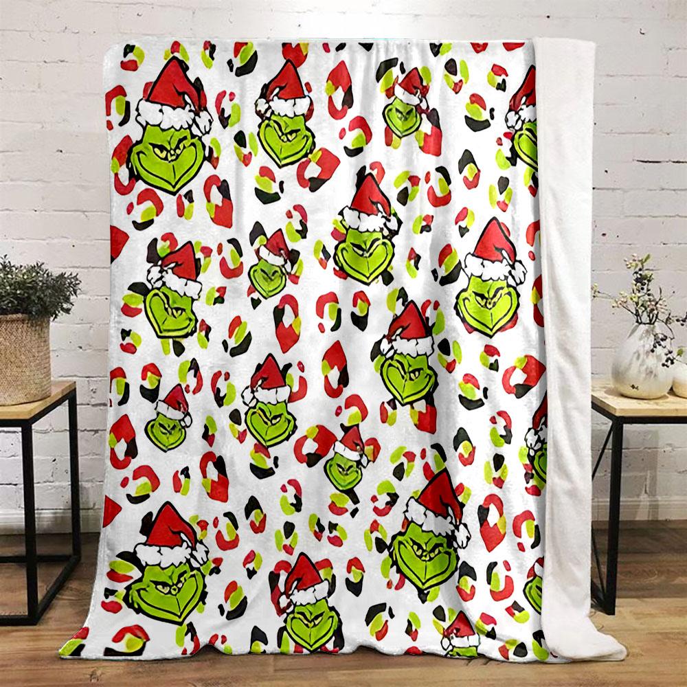 Green Grinch Faces with Santa Hats Patterned flannel blanket perfect for the bedroom living room, sofa, or a little nap