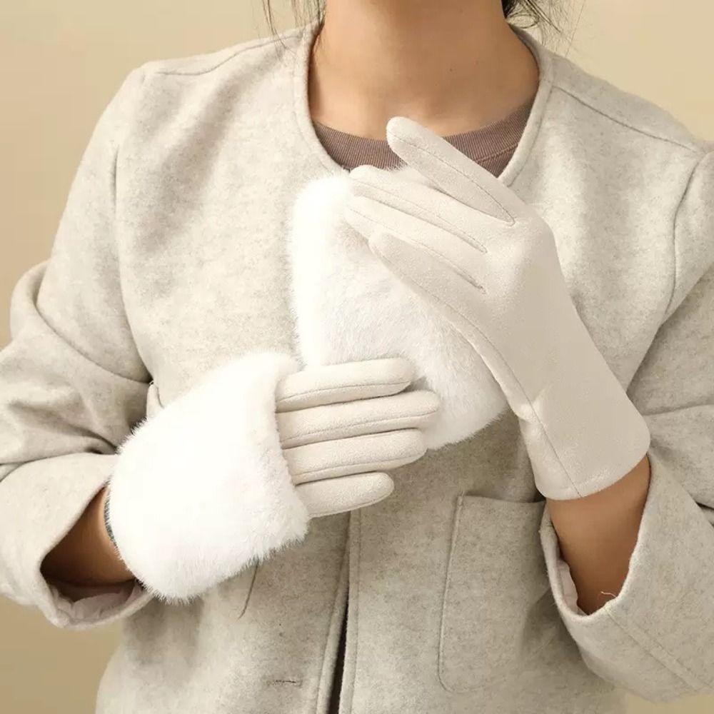 Solid Color Suede Gloves Rabbit Faux Fur Thermal Mittens Fashion Women Winter Gloves Ladies