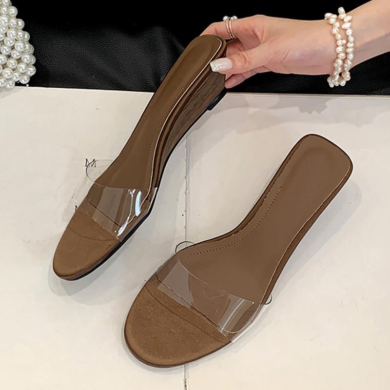 

Модные прозрачные ПВХ шлепанцы Liyke для женщин, обувь на деревянной танкетке, повседневные пляжные сандалии с открытым носком, мюли на низком каблуке, шлепанцы, zapatos mujer 35 коричневый