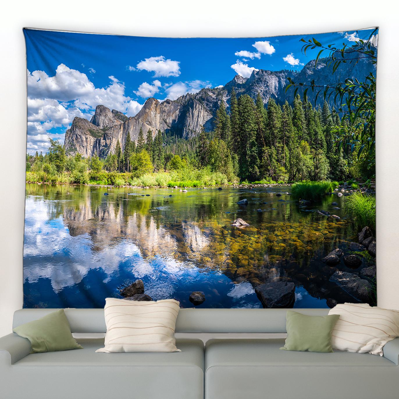 

Тропічні джунглі Зелене листя Пейзаж Гобелен Натуральна гірська річка Рослина Дерево Настінний килимок для пікніка Прикраса кімнати для дому 100X75CM