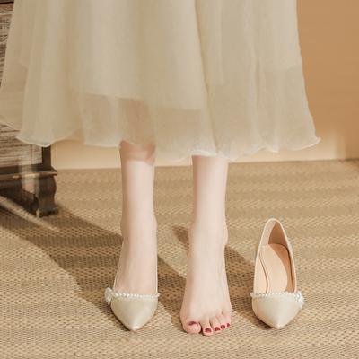 High Heels Women's Spring 2024 New French Gentle Temperament Pointed Thick High Heels Single Shoes Women's Shallow Wedding Shoes