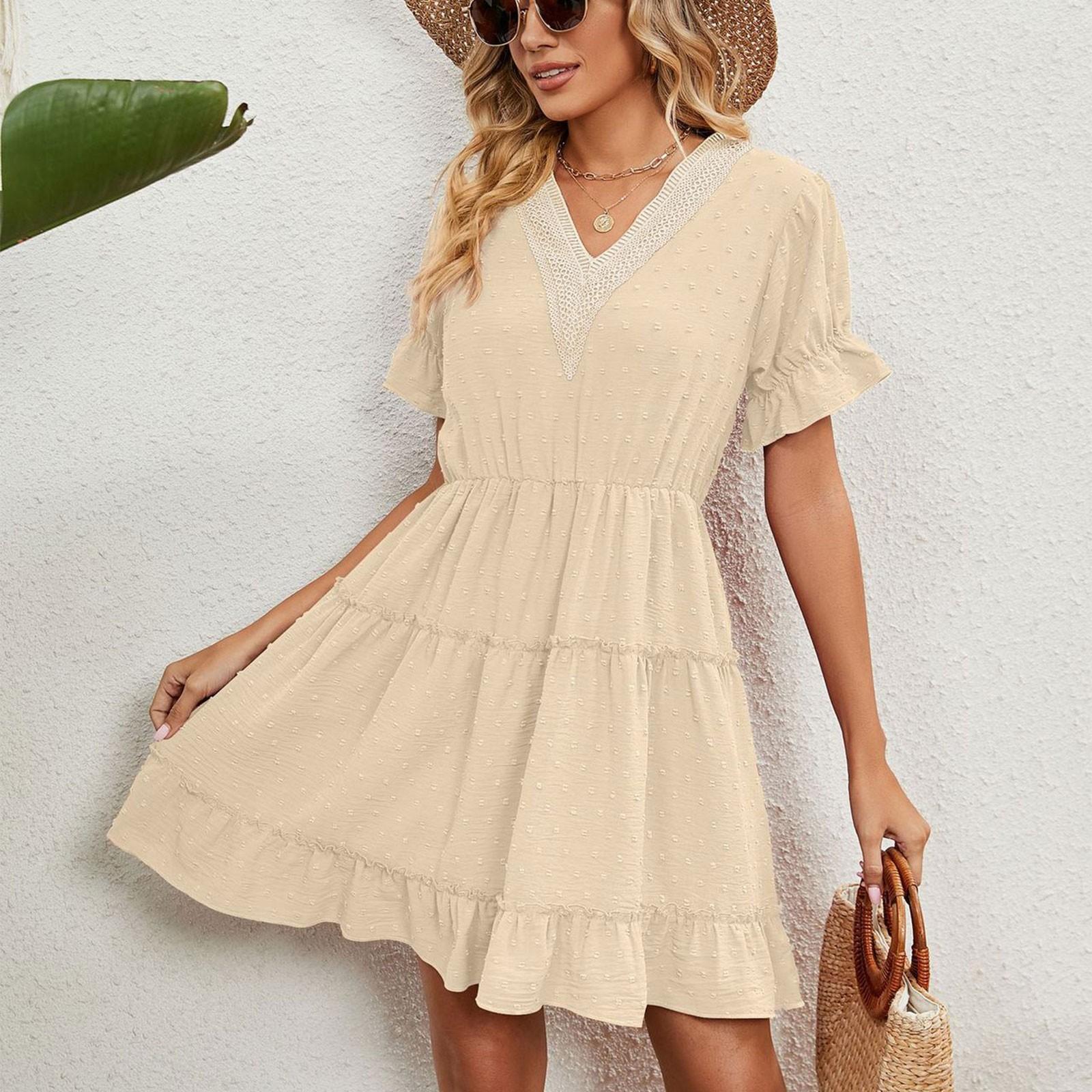 

Женское платье-торт с V-образным вырезом и коротким рукавом, кружевное, пэчворк, повседневное платье, платье для поездок на работу L бежевый