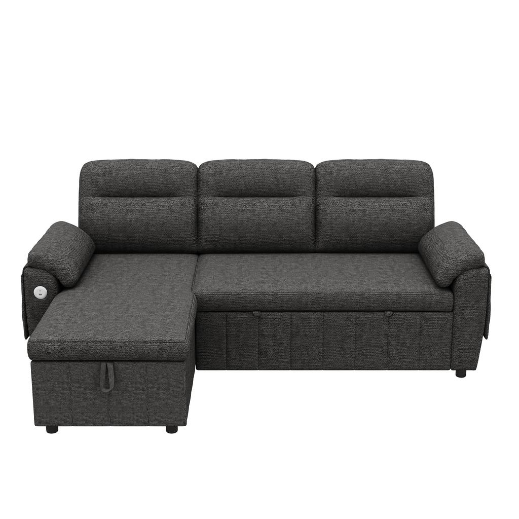 L-förmiges Ecksofa mit links/rechts ausziehbarer Ottomane, Schlaffunktion, Stauraum in der Ottomane, USB/Typ-C-Panel, Chenille-Stoff, Grau.