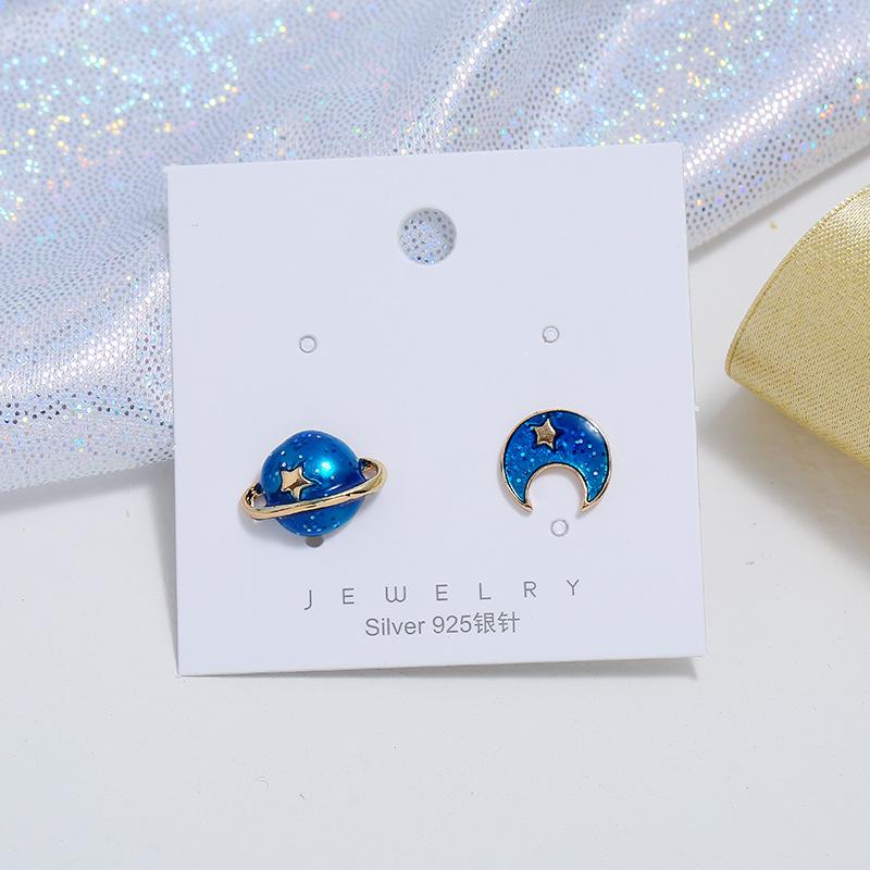 Niche Design Blue Starry Sky Series Simple Stud Earrings, Female Moon Star Temperament Versatile Earrings Long Earrings