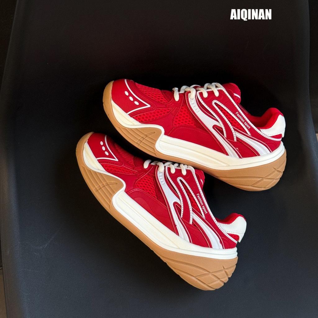 2025 summer new thick-soled German training shoes women's red fashion casual trendy shoes small sports Forrest Gump dad shoes