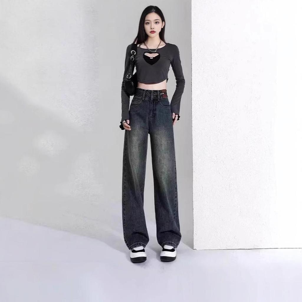 Women's Fleece-Lined Wide-Leg Jeans: New 2024 Autumn/Winter Petite Style, Thickened and Straight-Leg Design.