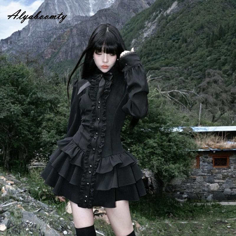 Японский стиль Лолита Женские черные мини-платья Готический кружевной воротник с оборками Бант Приталенное платье Y2K Харадзюку Хэллоуин Многослойные оборки Костюм для косплея S чёрный