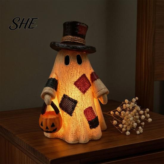 Artigianato Stagionale in Stile Rustico Statuetta Fantasma in Resina Patchwork Illuminata con Lanterna Zucca, Statuette Rustiche Halloween Retro Lampada da Tavolo, Vintage