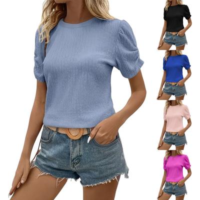Moda Feminina Nova Camiseta Top Fashion Plissada de Manga Curta com Gola Redonda