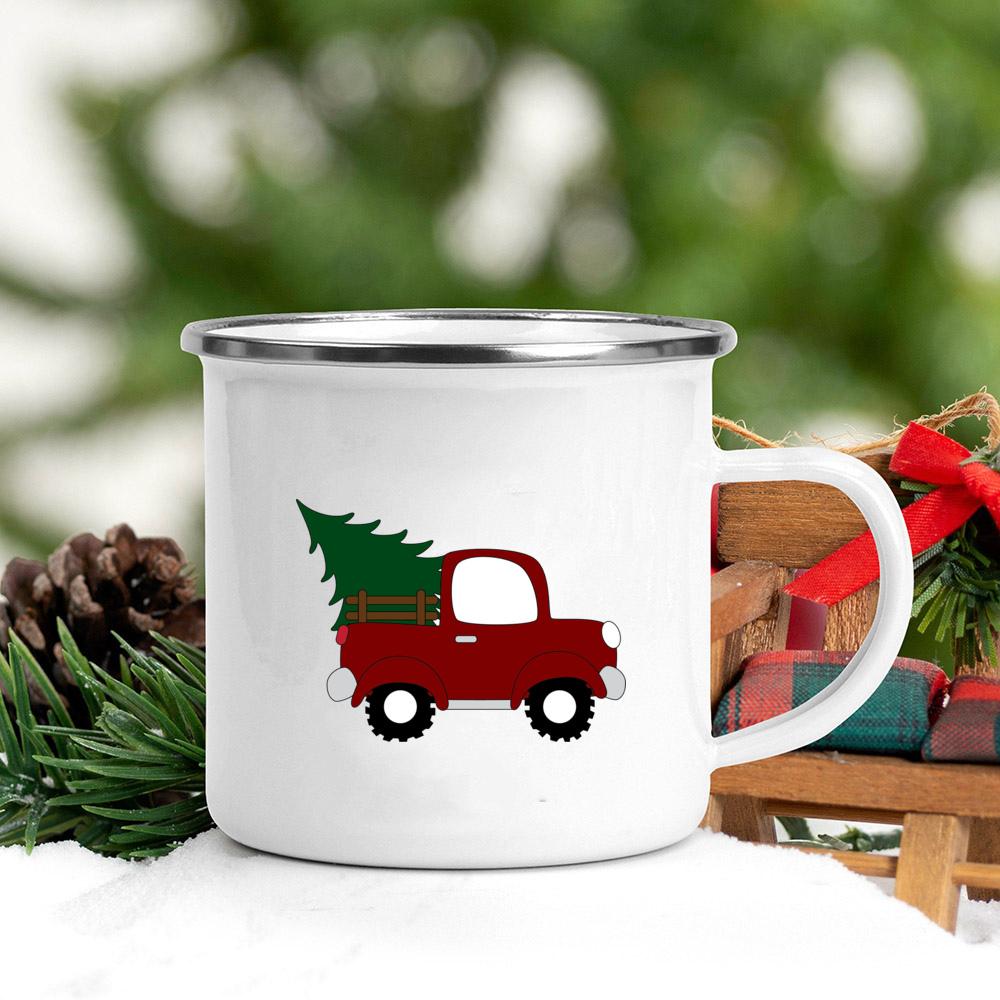 Santa Snowman Print Coffee Mugs Enamel Hot Cocoa Chocolate Cup Kids Breakfast Milk Oatmeal Cups Handle Xmas Decor Holiday Gifts