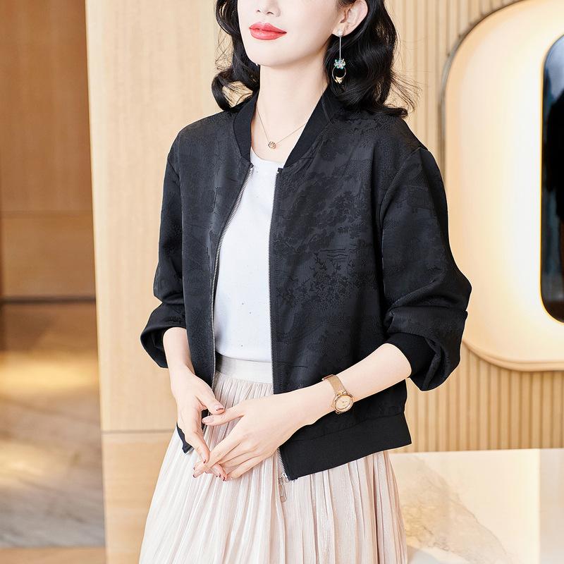 Spring New High-end Casual Loose Outer Wear Jacquard Jacket Black Versatile Stand-up Collar Mother Top Women