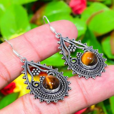 Natural Tiger Eye Gemstone Handmade 925 Sterling Silver Earring 2.05" V3f22