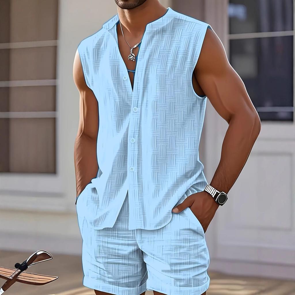Men's Summer Vest Shirt Casual Loose Sleeveless Solid Color Shorts Beach Suit