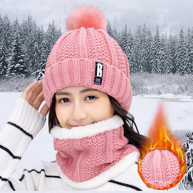 Winter Knitted Scarf Hat Set Thick Warm Skullies Beanies Hats for Women Outdoor Cycling Riding Ski Bonnet Caps Tube Scarf Rings