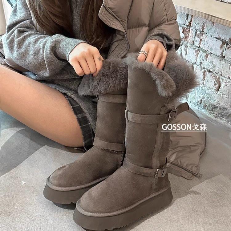 Grey two-wearing thick-soled snow boots for women 2025 winter new heightening thermal and piled thickened long-tube snow cotton shoes