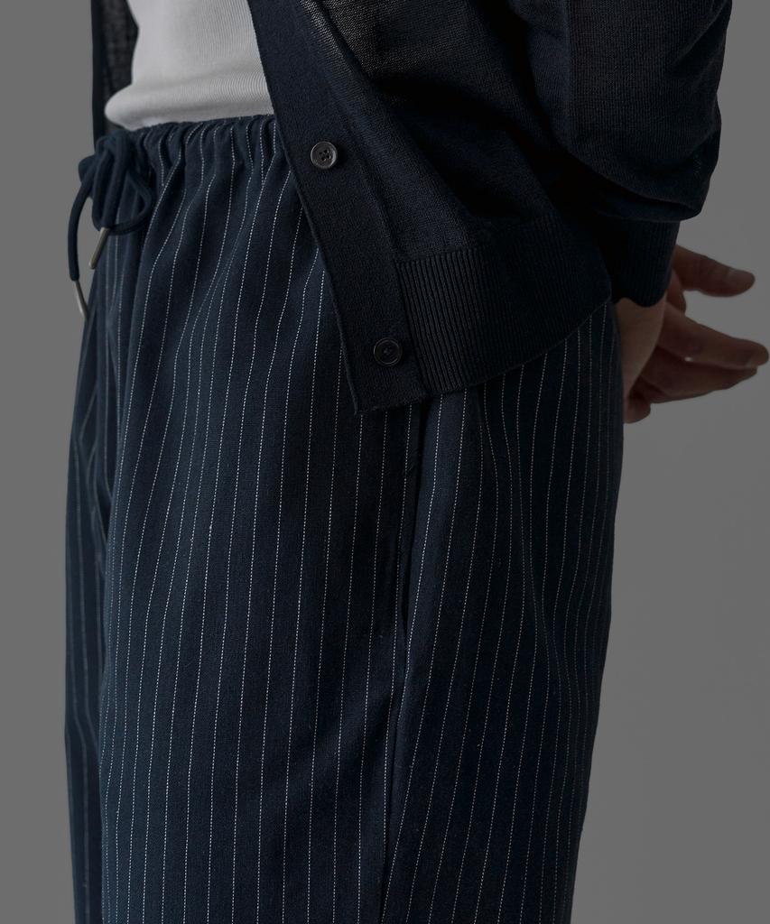 Baulopeulodeogteu Linen Striped Elastic Waist Pants [Navy]