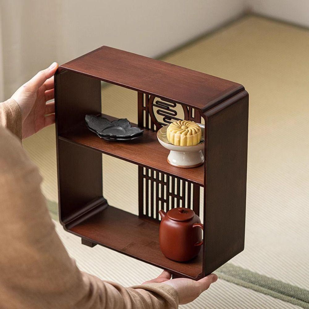 Window Lattice Chinese Walnut Display Shelf Walnut Wood Tea Organizer Living Room