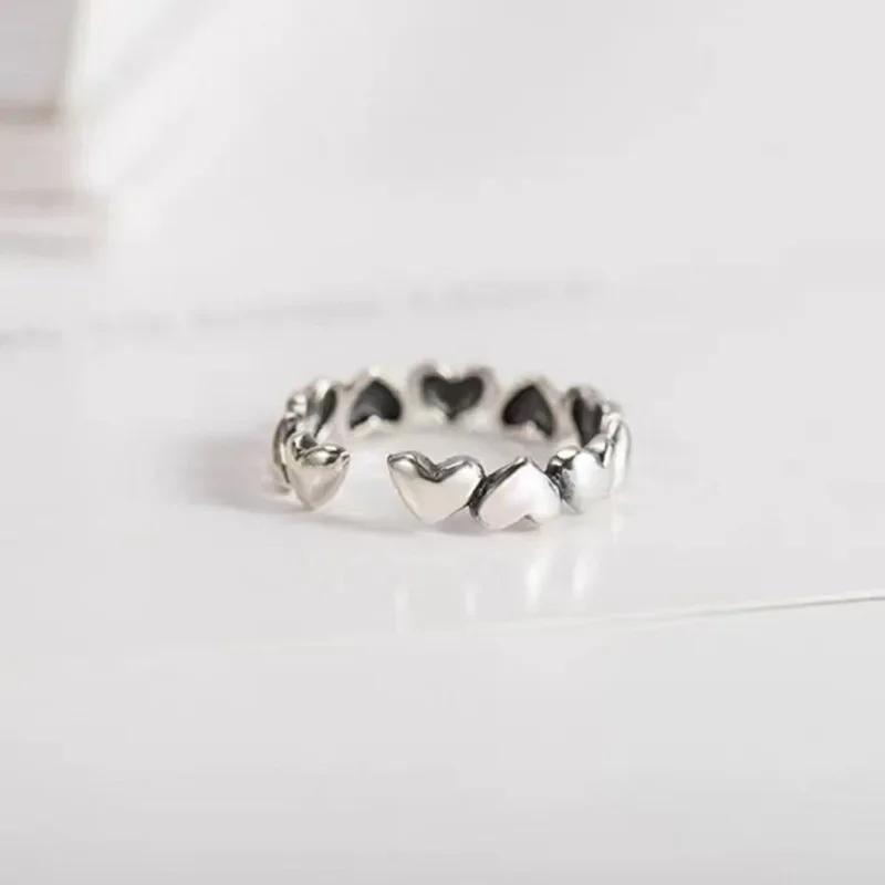 Genuine 925 Silver Stackable Open Ring Heart Finger Rings for Women Wedding Anniversary Jewelry Anel Size Adjustable