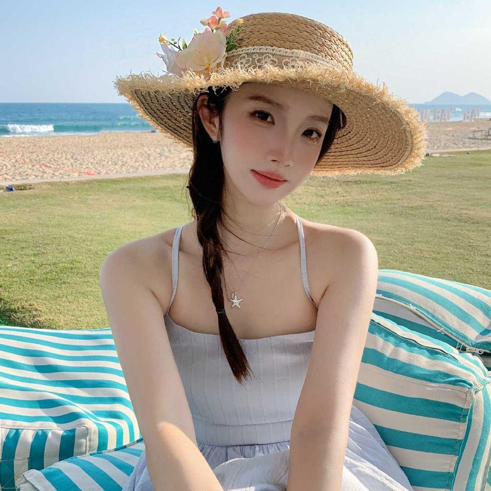 Wide Brim Lace Flower Straw Hat Boho UV Protection Cap Comfortable To Wear Weave Flat Cap  Travel