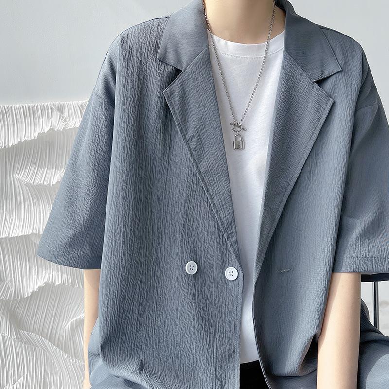 Men's Black Textured Short Sleeve Blazer Oversized Double Breasted Casual Suit Jacket