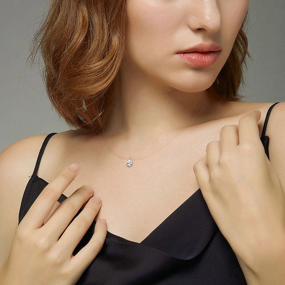 Invisible Zircon Pendant Necklace S925 Silver Solitaire Fishline Choker  for Female