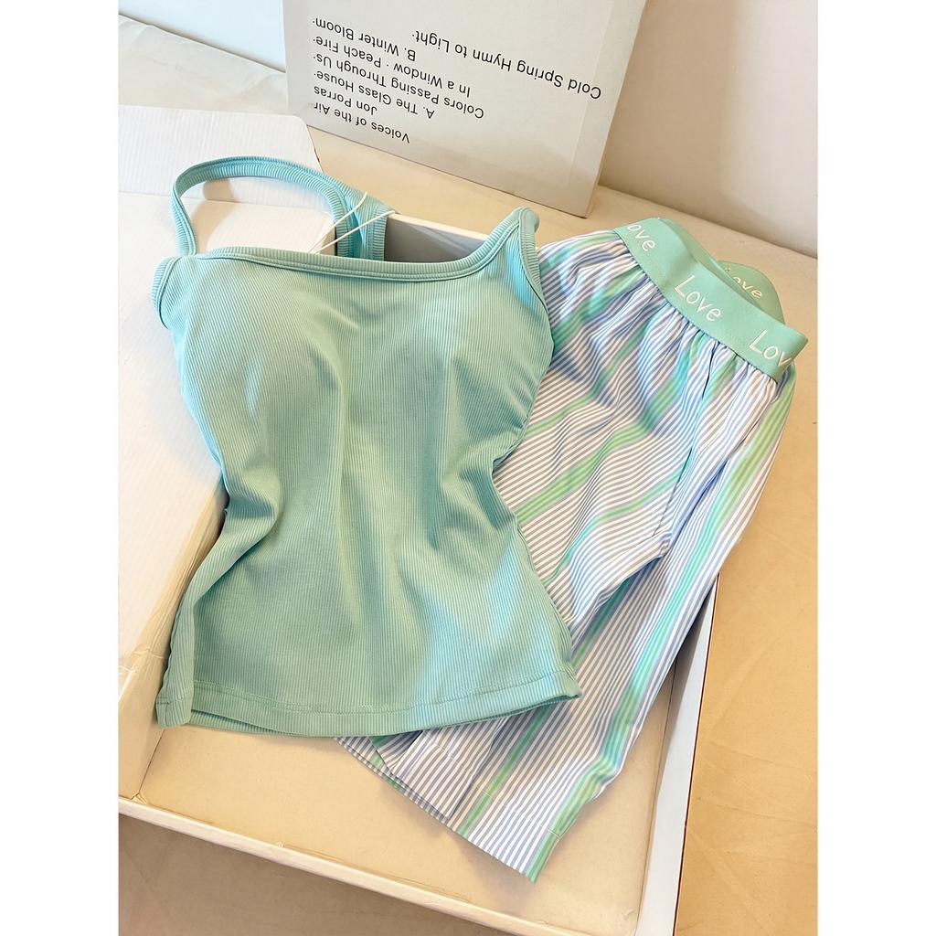 Summer pajamas with chest pads women's 1011 new Korean version can be worn outside striped shorts loungewear large size suit