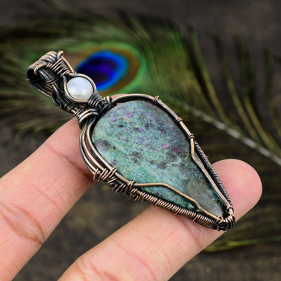 Ruby in Fuchsite, Moonstone Gemstone Copper Wire Wrap Jewelry Pendant 2.96" N2l65