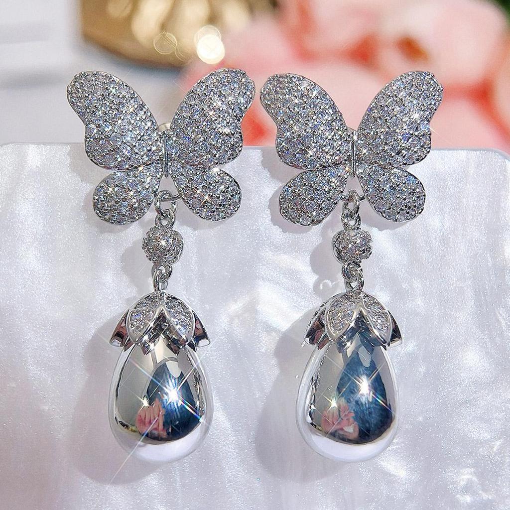 CMM Palace Style Hollow Design Zircon Butterfly Water Drop Artificial Pearl Pendant Earrings Wild Bride Wedding Party Accessories