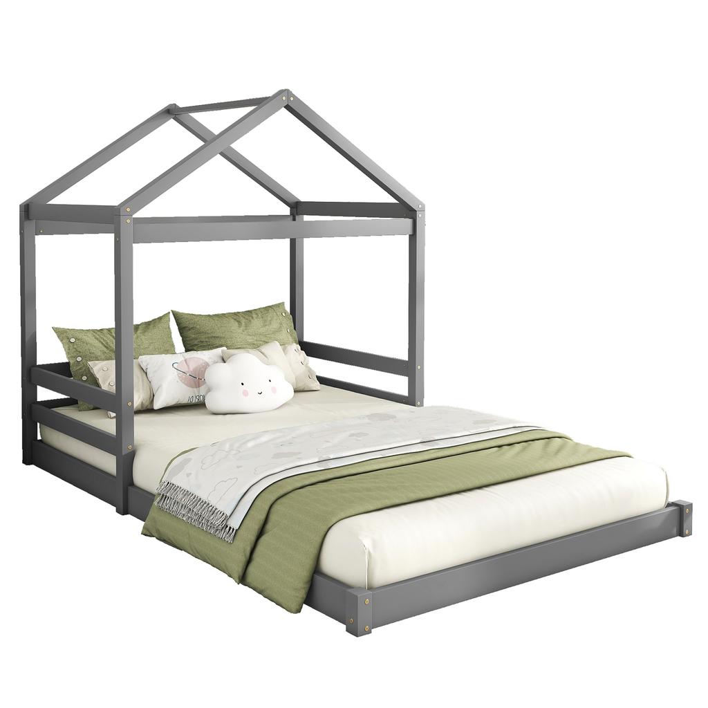 House Bed, 140 X 200 Cm, Children's Bed In House Shape with Slatted Frame (without Mattress), Pine Wood, Minimalist Style, Grey