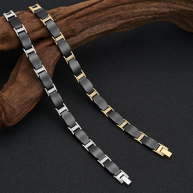 10mm Punk Goldfarbenes Edelstahl Kreuzkettenarmband für Männer Frauen Schwarze Keramik Gesundheitswesen Magnetisches Zirkon Armreif Schmuck