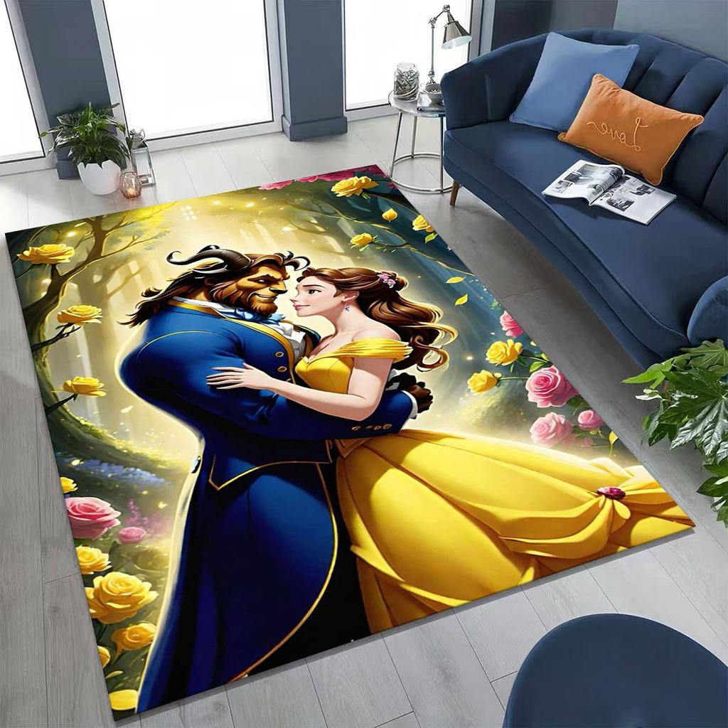 3D Lovely Beauty and The Beast Cartoon Rug for Bedroom Living Room Sofa Home Doormat Decor, Large Kids Play Non-slip Floor Mat