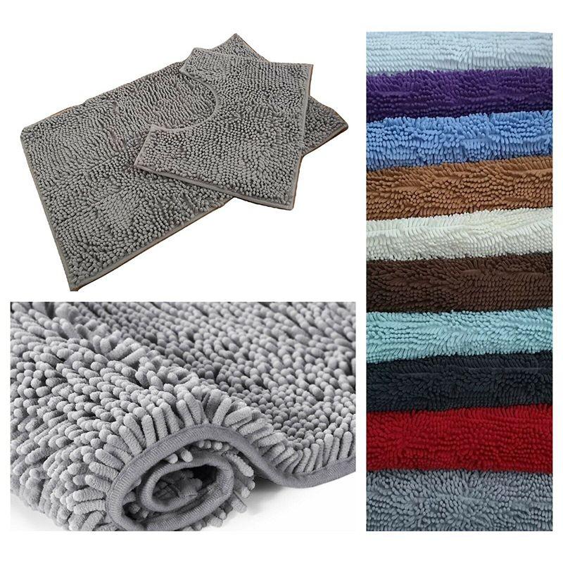 2 Piece Bath Mat Set Non Slip Toilet Pedestal Soft Foam Shaggy Chenille Rug
