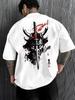 Unisex Back Print Tshirt Japanese Oni Samurai Sword Graphic Tee Ink Wash Art Crew Neck Short Sleeve Asian Streetwear Top