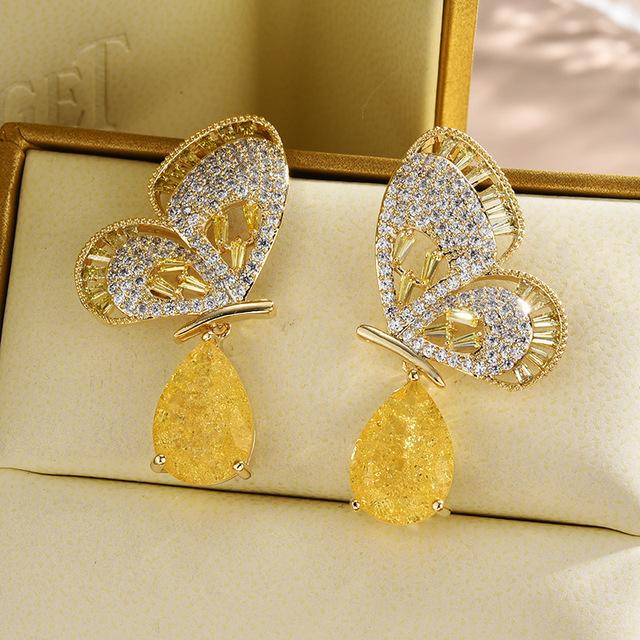 

Темпераментные модные висячие серьги с бабочками и каплями воды для женщин, висячие серьги из замороженного кубического циркония, роскошные брендовые ювелирные изделия жёлтый