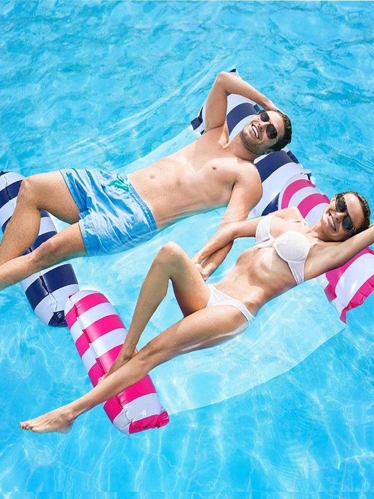Foldable Striped Inflatable Lounge Chair, Suitable For Swimming Pool Parties And Beach Leisure Floating Beds With Net Backrest