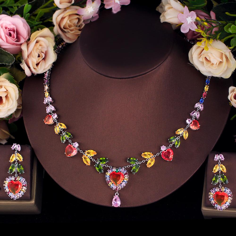 Zircons Romantic Multi Color Cubic Zirconia Boho Heart Shape Necklace Earrings Set for Women Engagement Wedding Jewelry T0954