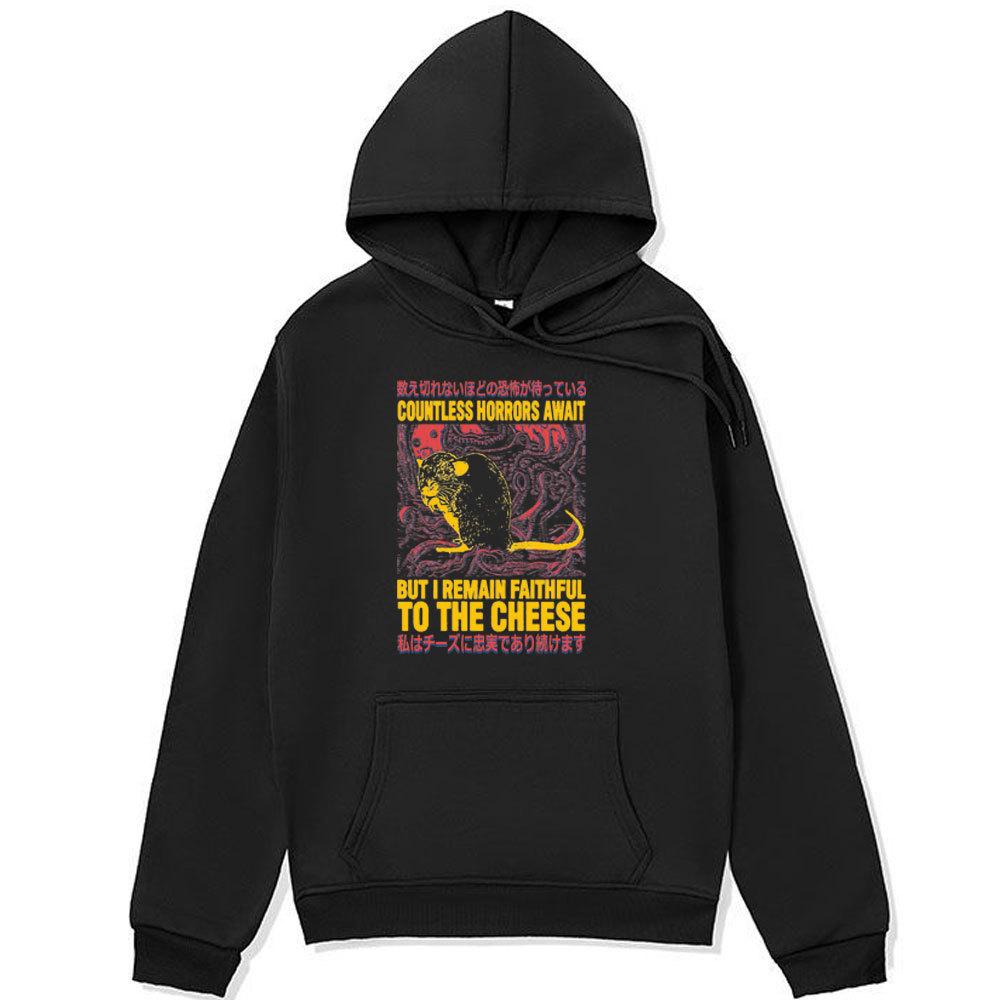 Funny Faithful To The Cheese Japanese Horror Rat Print  Autumn Winter Fleece Streetwear S
