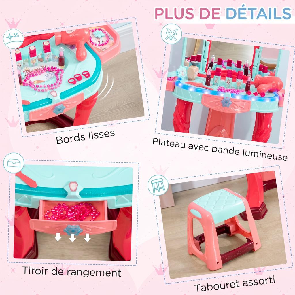 Child Girl Dressing Table With Stool Mirror Light Music Accessories 3 6 Years Old 57x34x76cm Multicolor