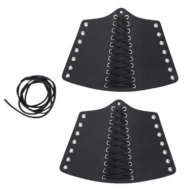 2 Juegos Brazalete Punk Negro PU Exterior Retráctil Brazalete Tiro con Arco Cuerdas Cruzadas Muñequeras