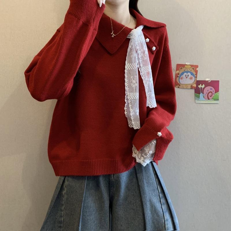 High-end Red Sweater Autumn and Winter New Plus Size Women's Fat and Beautiful Lace Stitching Sweater Top