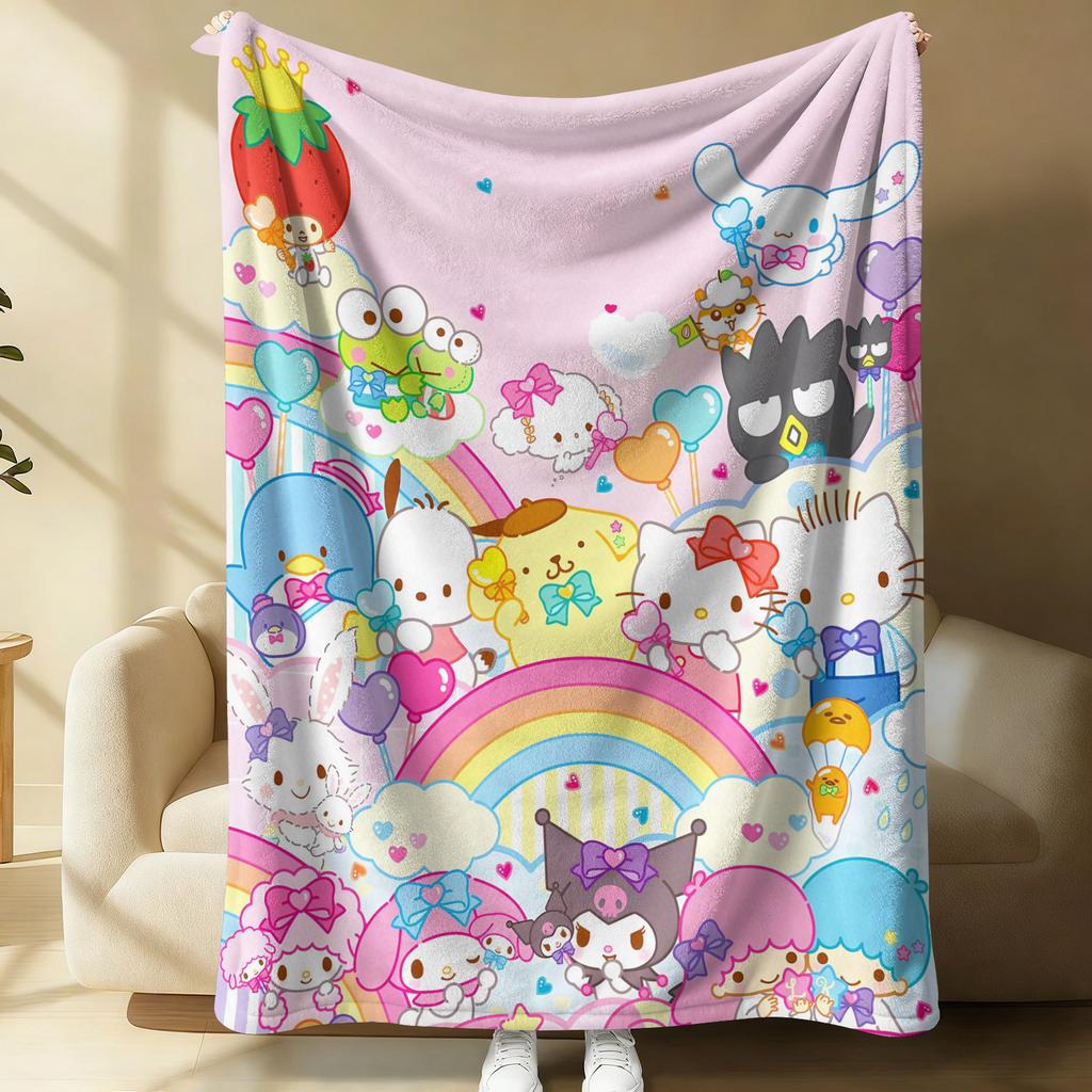 Sanrio All Star Characters Flannel Blanket Kawaii Hello Kitty Kuromi Cinnamoroll Rainbow Print Throw Bed Sofa Room Aesthetic