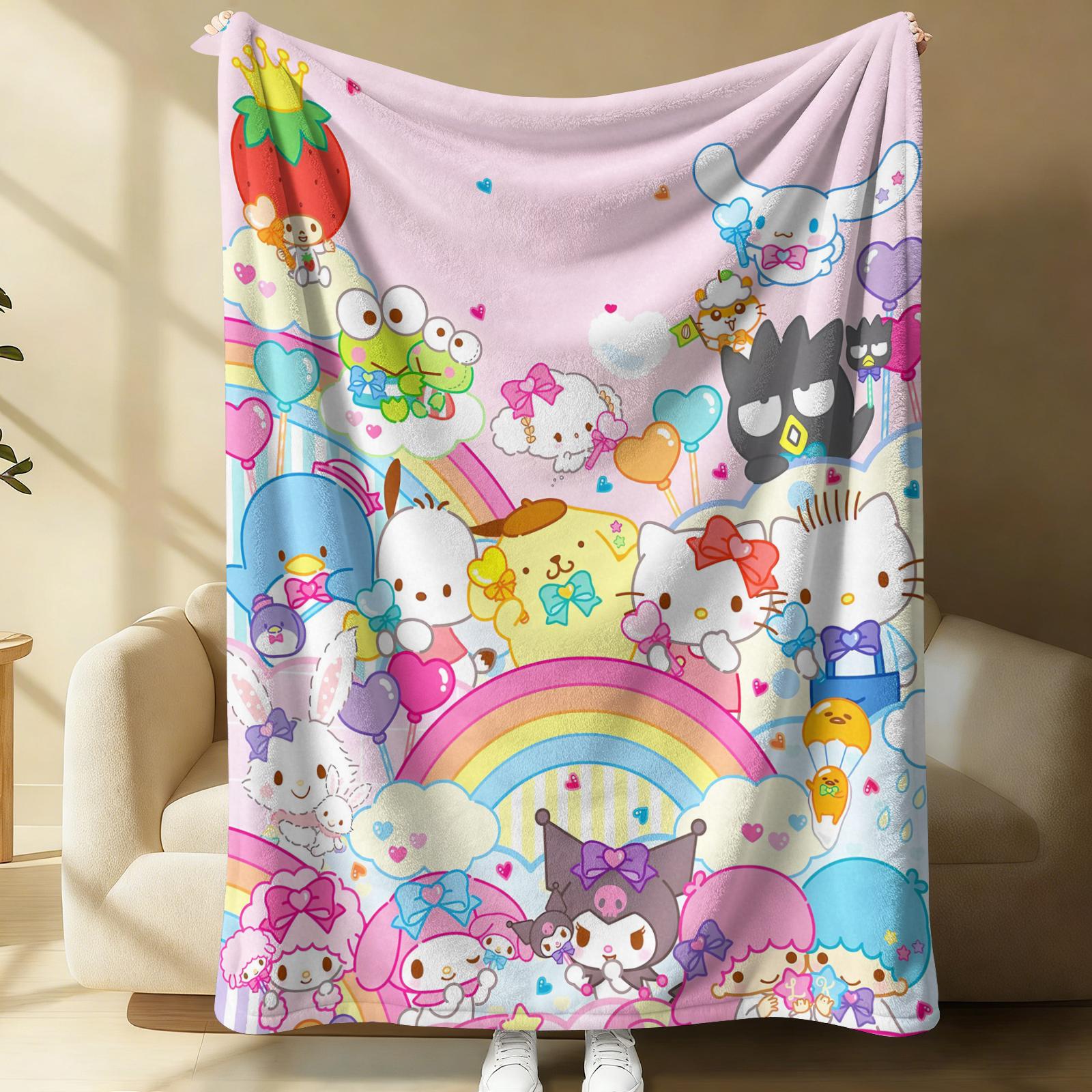 

Фланелевое одеяло Sanrio All Star Characters Кавайное Хелло Китти Куроми Синнаморолл Радужный принт Плед Постель Диван Комната Эстетика 100x150cm