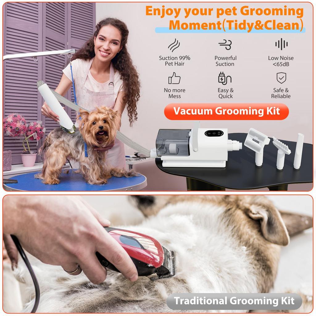 Multifunctional Pet Grooming Vacuum, Powerful Suction Dog Hair Trimmer Set with Detangling Brush, Low Noise Pet Hair Vacuum for All Breeds Dogs Cats