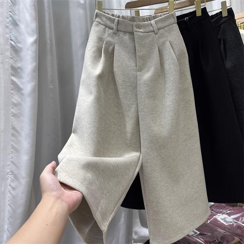 2025 Autumn/Winter High-Waisted Thick Woolen Retro Straight-Leg Wide Pants for Women