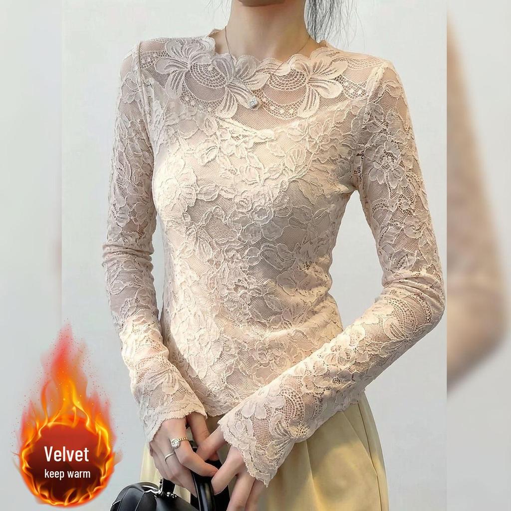 Elegant Lace Shirt for Women, Fleece-Lined Patchwork Base Layer Top for Autumn Winter