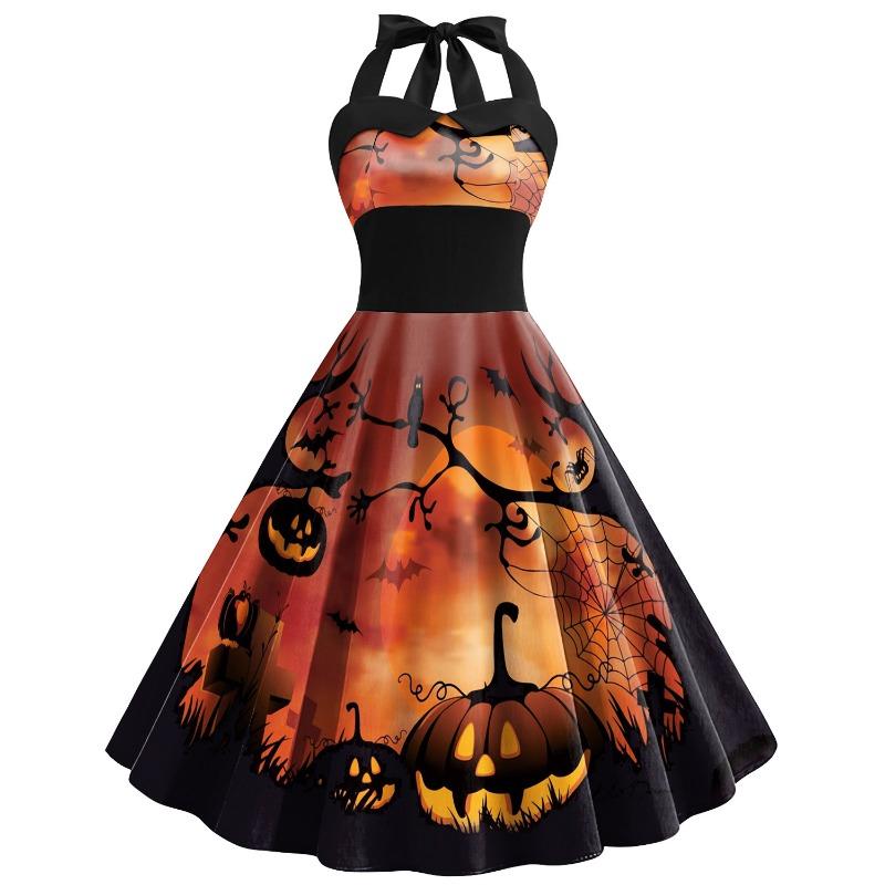 Summer New Halloween Dress Skull Cobweb Printing Costume Women's Strap High Waist Dress Children