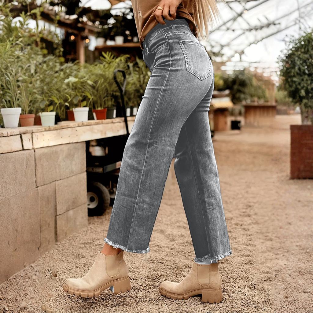 Ladies' Jeans Trend Casual Fashion Straight Leg Wide Leg Mid Waist Casual Fringed Denim Cropped Pants